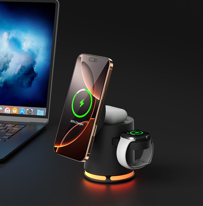 New Qi2 MagSafe Magnetic 3-in-1 Wireless Charger 15W Fast Charging Desktop RGB Atmosphere Light Wireless Charging
