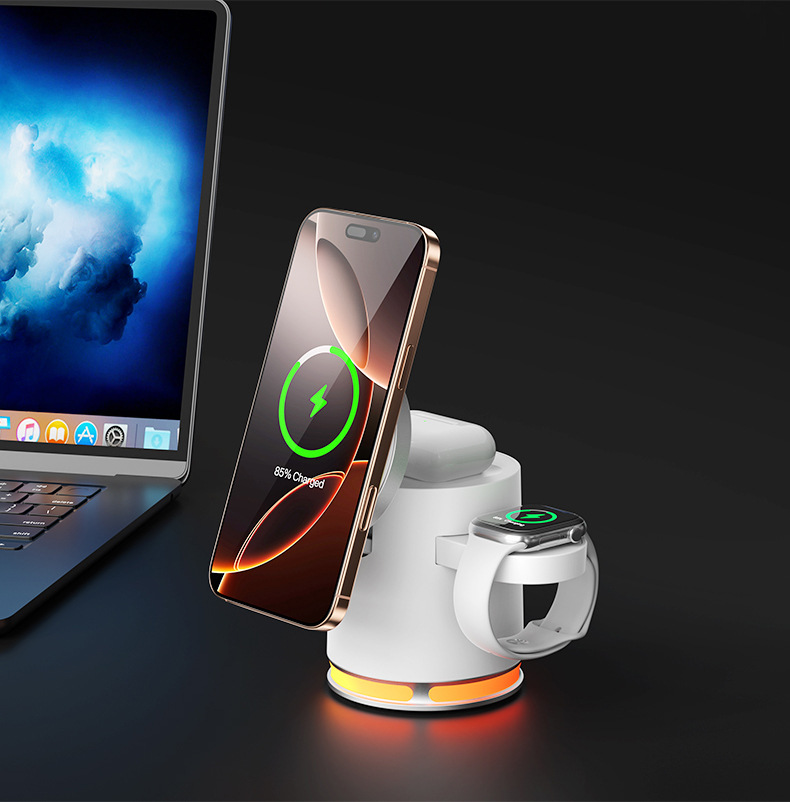 New Qi2 MagSafe Magnetic 3-in-1 Wireless Charger 15W Fast Charging Desktop RGB Atmosphere Light Wireless Charging