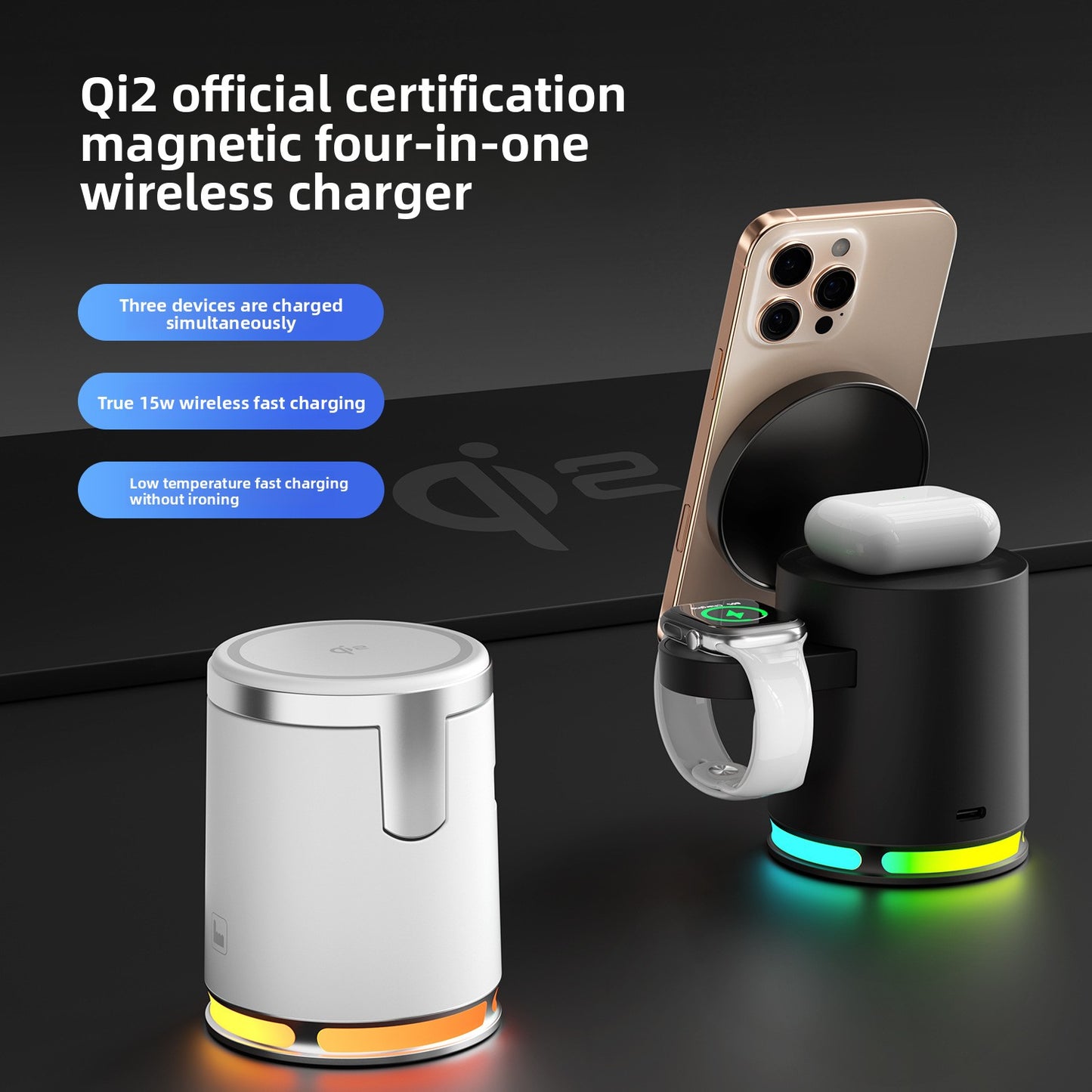 New Qi2 MagSafe Magnetic 3-in-1 Wireless Charger 15W Fast Charging Desktop RGB Atmosphere Light Wireless Charging
