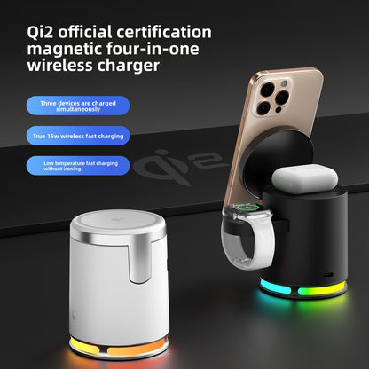 New Qi2 MagSafe Magnetic 3-in-1 Wireless Charger 15W Fast Charging Desktop RGB Atmosphere Light Wireless Charging